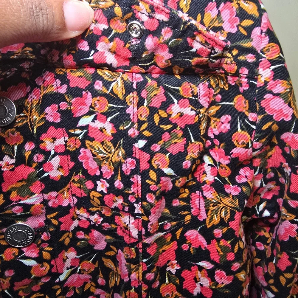 Social Standard by Sanctuary Girls Floral Denim Jacket Pink Orange Black Size 8